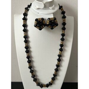 VTG Western Germany Black Faceted Acrylic Beaded Necklace/Clip-On Earrings Set